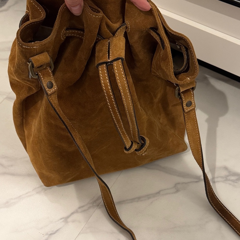 Garnet Hill Brown Suede Drawstring Bag crossbody adjustable